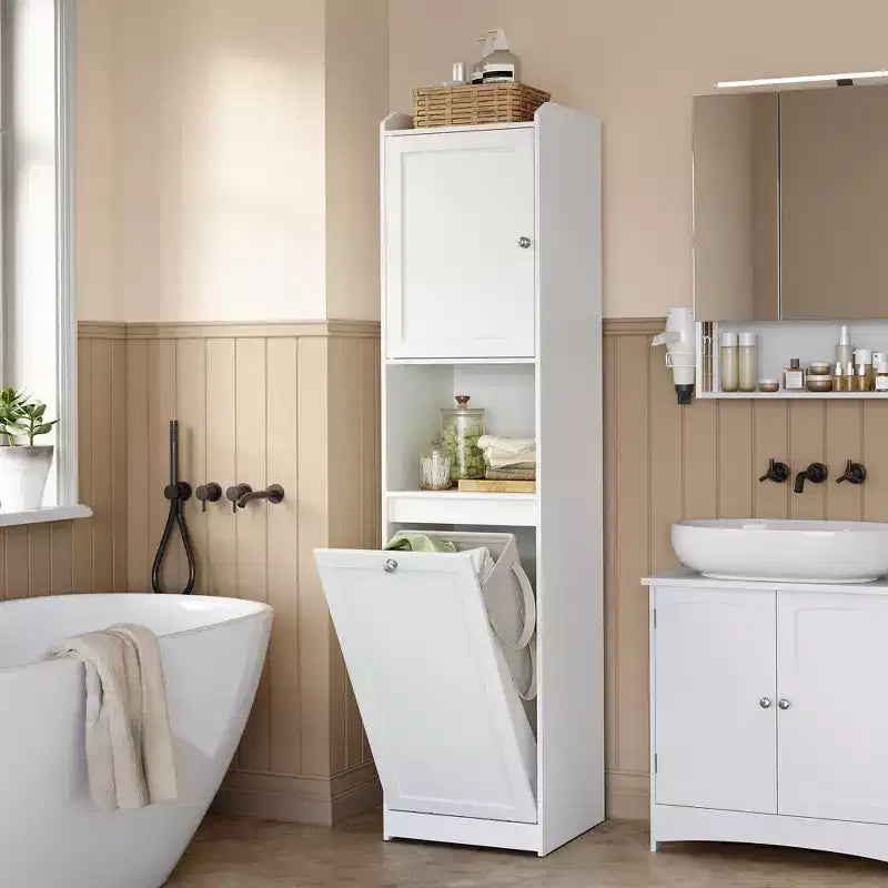 VASAGLE Meuble Colonne de Salle de Bain Haute avec Panier à Linge, Panier à Linge Amovible avec Poignées, Compartiment avec Porte, Meuble de Rangement
