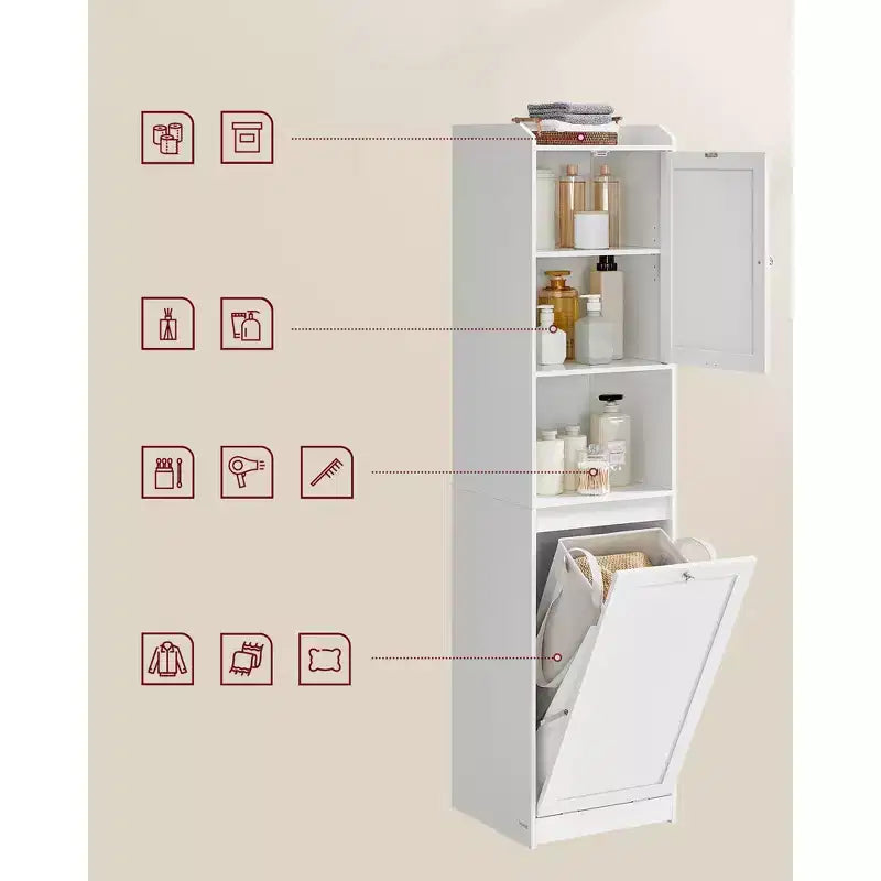 VASAGLE Meuble Colonne de Salle de Bain Haute avec Panier à Linge, Panier à Linge Amovible avec Poignées, Compartiment avec Porte, Meuble de Rangement