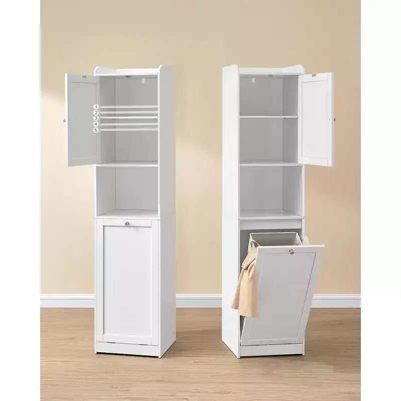 VASAGLE Meuble Colonne de Salle de Bain Haute avec Panier à Linge, Panier à Linge Amovible avec Poignées, Compartiment avec Porte, Meuble de Rangement