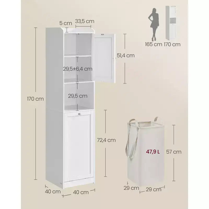VASAGLE Meuble Colonne de Salle de Bain Haute avec Panier à Linge, Panier à Linge Amovible avec Poignées, Compartiment avec Porte, Meuble de Rangement