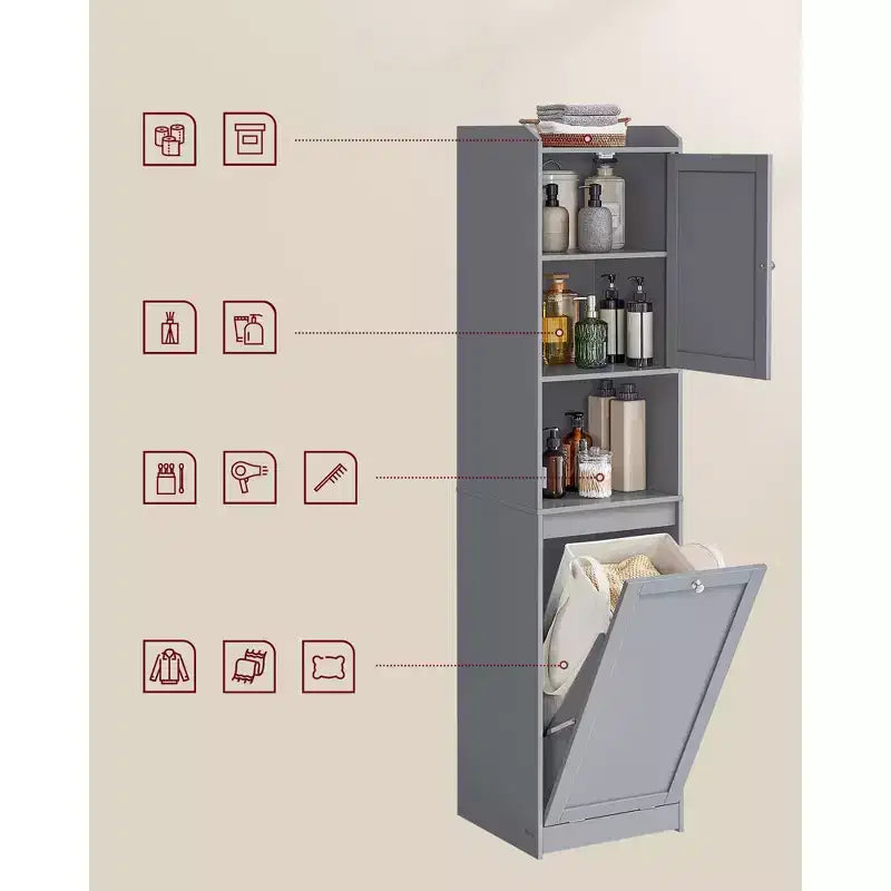 VASAGLE Meuble Colonne de Salle de Bain Haute avec Panier à Linge, Panier à Linge Amovible avec Poignées, Compartiment avec Porte, Meuble de Rangement