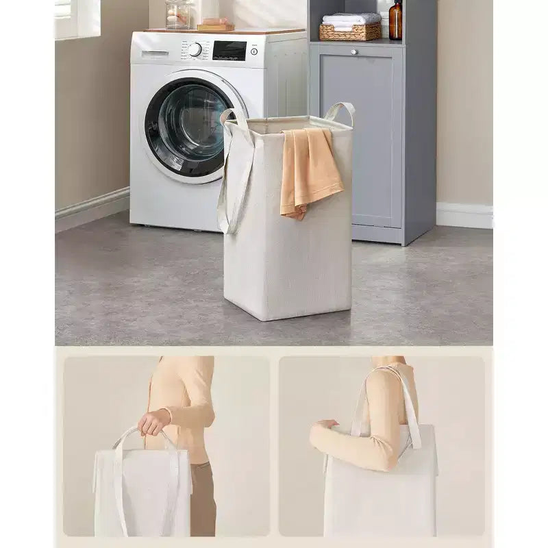 VASAGLE Meuble Colonne de Salle de Bain Haute avec Panier à Linge, Panier à Linge Amovible avec Poignées, Compartiment avec Porte, Meuble de Rangement