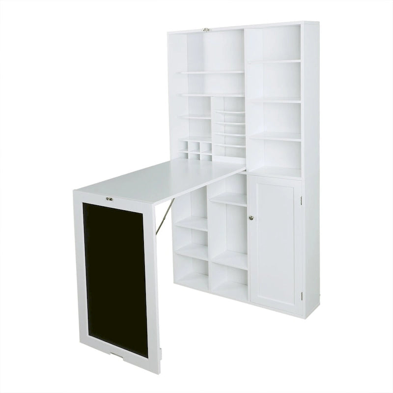 Utopia Alley Collapsible Fold Down Desk Table with Large Storage Cabinet & Bottom Shelves, Computer Desk, White