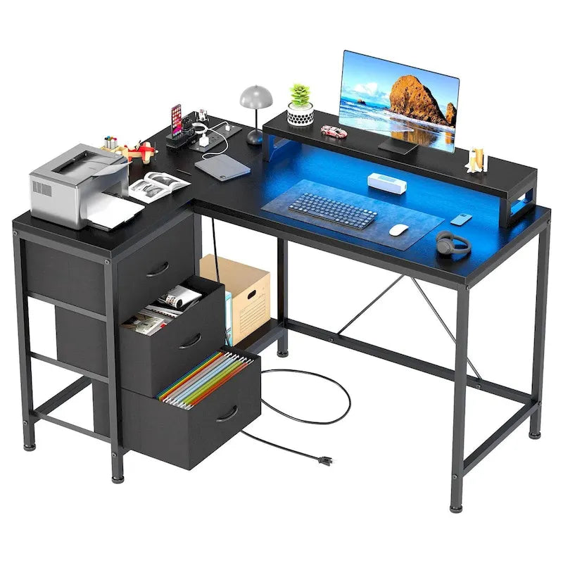 Bureau en L avec prises de courant et lumières LED
