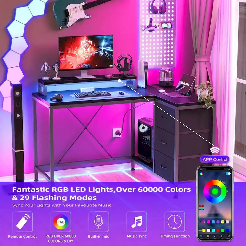 Bureau en L avec prises de courant et lumières LED