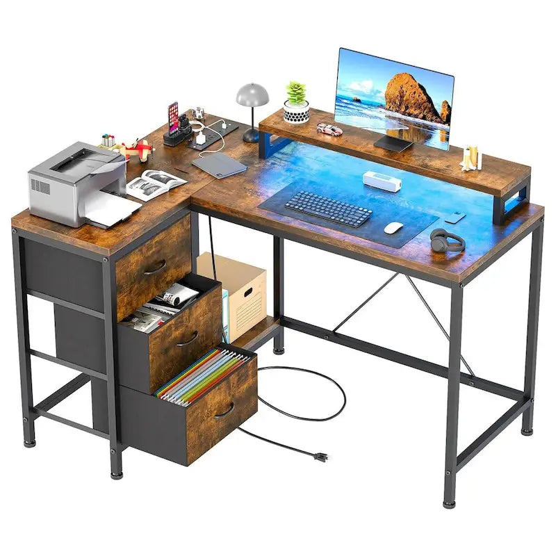 Bureau en L avec prises de courant et lumières LED