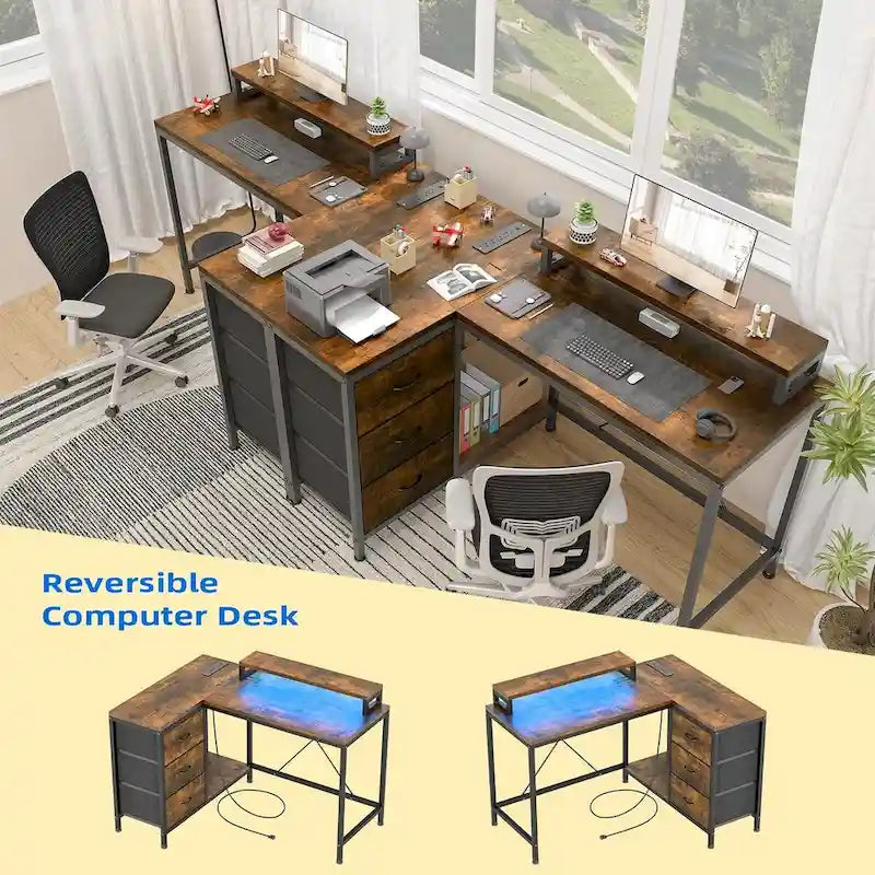 Bureau en L avec prises de courant et lumières LED