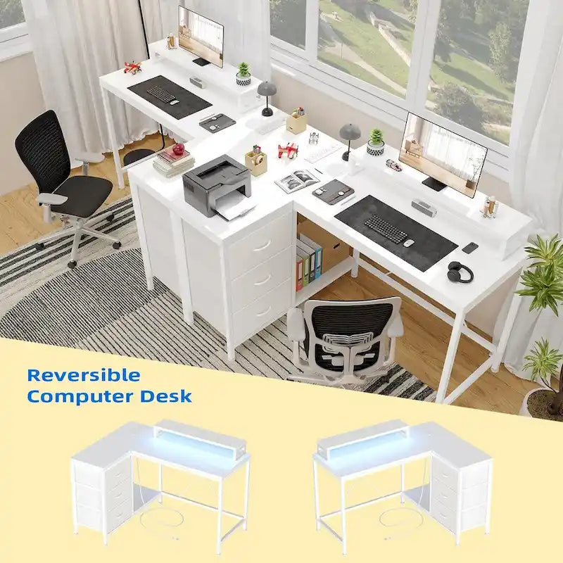 Bureau en L avec prises de courant et lumières LED
