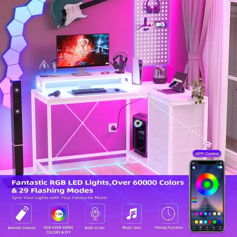 Bureau en L avec prises de courant et lumières LED