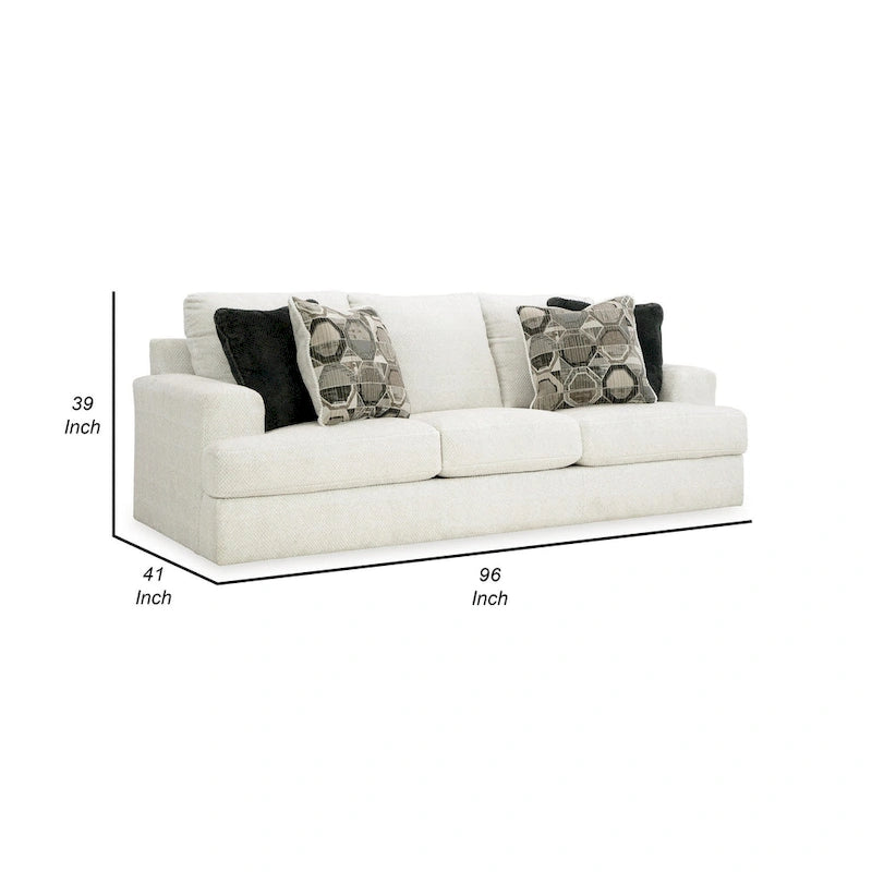 Henly 96 Inch Sofa, Oversized, 4 Accent Pillows, Soft White Polyester