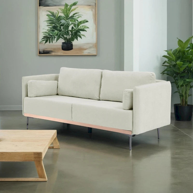 3-Seat Sofa with Stainless Steel Trim,Linen Fabric Couch,w/Metal Legs,for Living Room,Apartment,Office