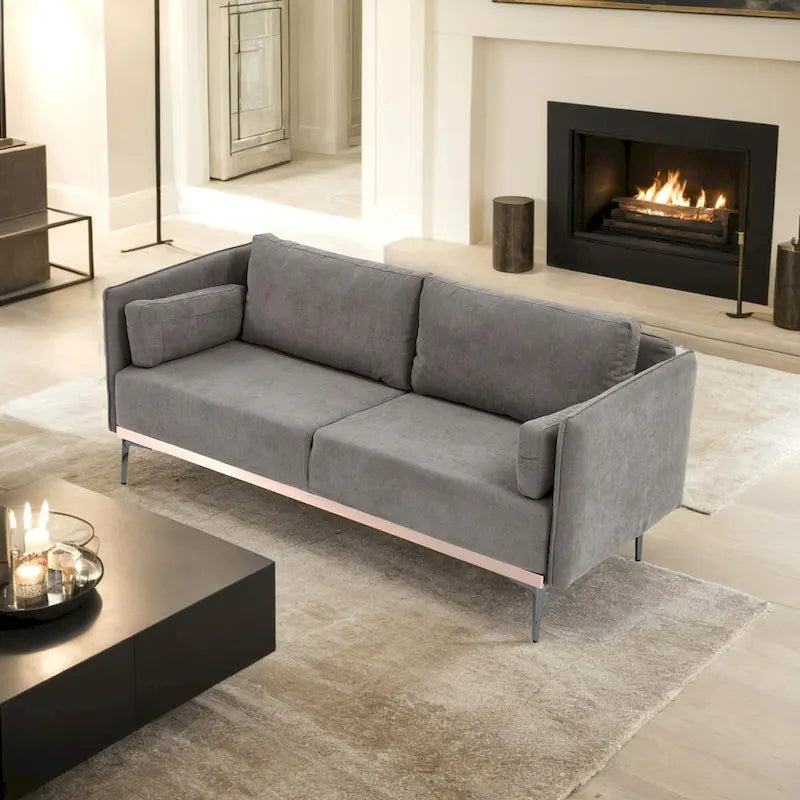 3-Seat Sofa with Stainless Steel Trim,Linen Fabric Couch,w/Metal Legs,for Living Room,Apartment,Office