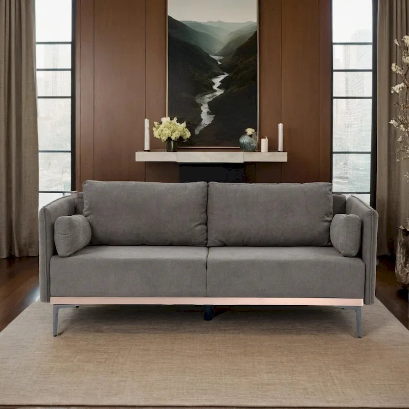 3-Seat Sofa with Stainless Steel Trim,Linen Fabric Couch,w/Metal Legs,for Living Room,Apartment,Office