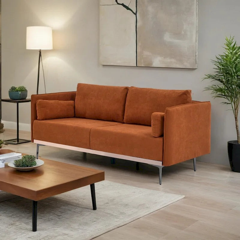 3-Seat Sofa with Stainless Steel Trim,Linen Fabric Couch,w/Metal Legs,for Living Room,Apartment,Office