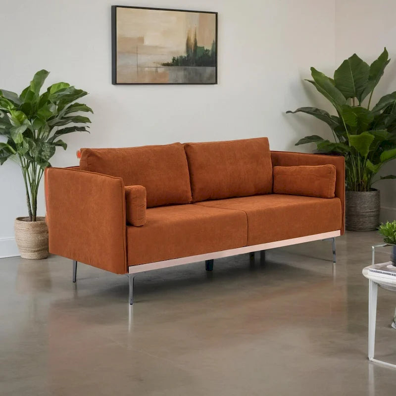 3-Seat Sofa with Stainless Steel Trim,Linen Fabric Couch,w/Metal Legs,for Living Room,Apartment,Office