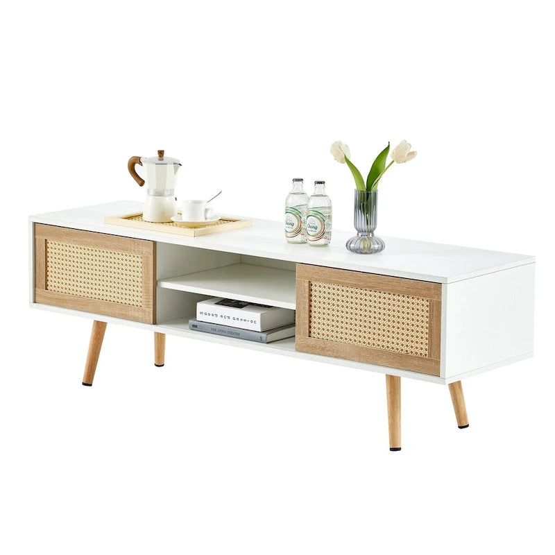 55.12 Meuble TV en rotin, doubles portes coulissantes pour rangement, étagère réglable, pieds en bois massif, console TV