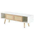 55.12 Meuble TV en rotin, doubles portes coulissantes pour rangement, étagère réglable, pieds en bois massif, console TV