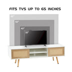55.12 Meuble TV en rotin, doubles portes coulissantes pour rangement, étagère réglable, pieds en bois massif, console TV
