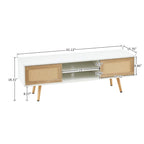 55.12 Meuble TV en rotin, doubles portes coulissantes pour rangement, étagère réglable, pieds en bois massif, console TV