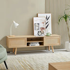 55.12 Meuble TV en rotin, doubles portes coulissantes pour rangement, étagère réglable, pieds en bois massif, console TV