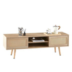 55.12 Meuble TV en rotin, doubles portes coulissantes pour rangement, étagère réglable, pieds en bois massif, console TV