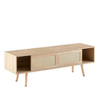55.12 Meuble TV en rotin, doubles portes coulissantes pour rangement, étagère réglable, pieds en bois massif, console TV