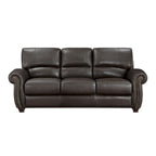 Kia 84 Inch Sofa, Dark Brown Top Grain and Faux Leather, Solid Wood