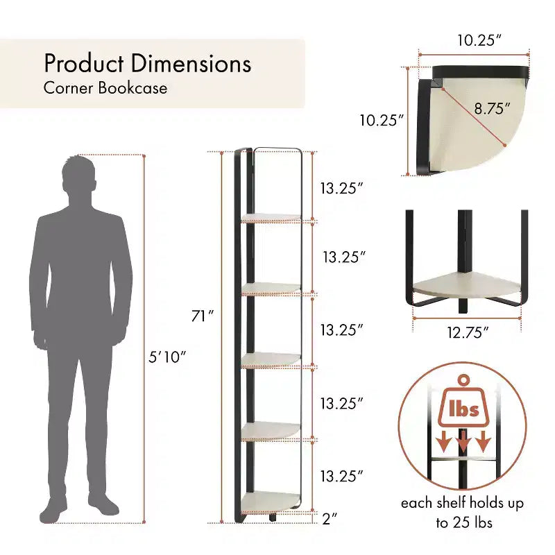 miBasics 71" Étagère d'angle Naija Minimaliste à 5 niveaux avec tablettes texturées