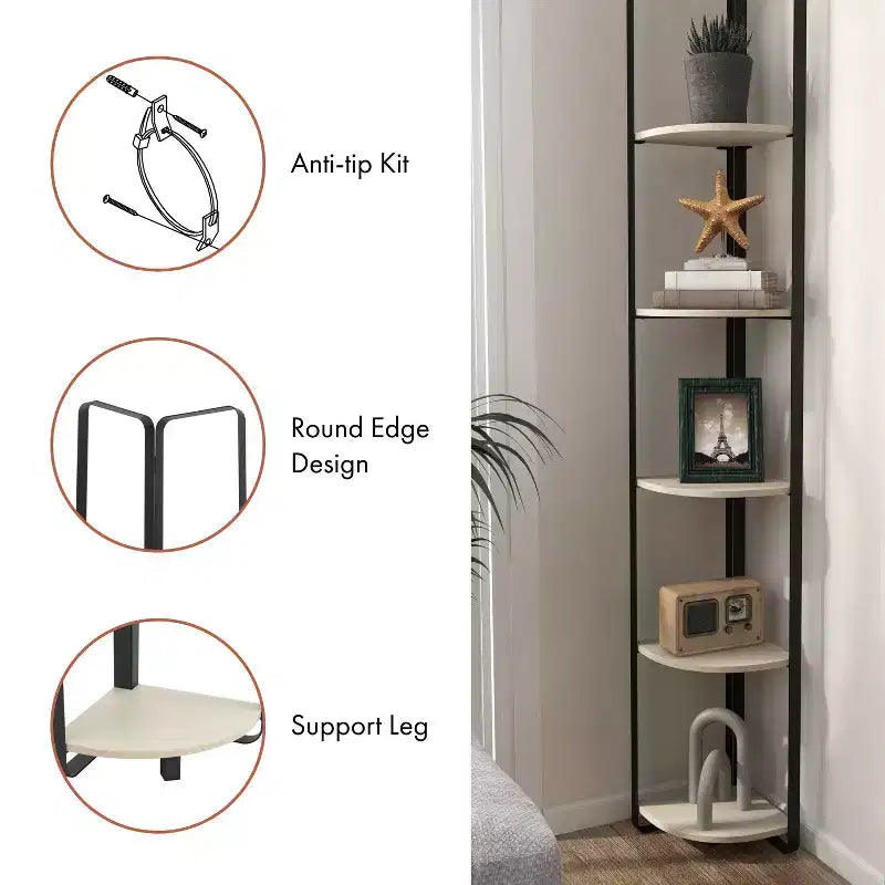 miBasics 71" Étagère d'angle Naija Minimaliste à 5 niveaux avec tablettes texturées