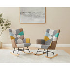 VANOMi 25.2 Wide French Patchwork Linen Upholstered Nursery Rocking Chair with Wood Legs