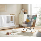 VANOMi 25.2 Wide French Patchwork Linen Upholstered Nursery Rocking Chair with Wood Legs