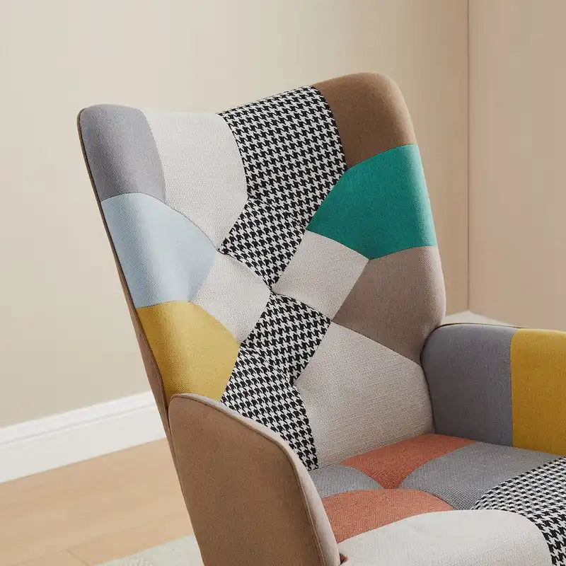 VANOMi 25.2 Wide French Patchwork Linen Upholstered Nursery Rocking Chair with Wood Legs