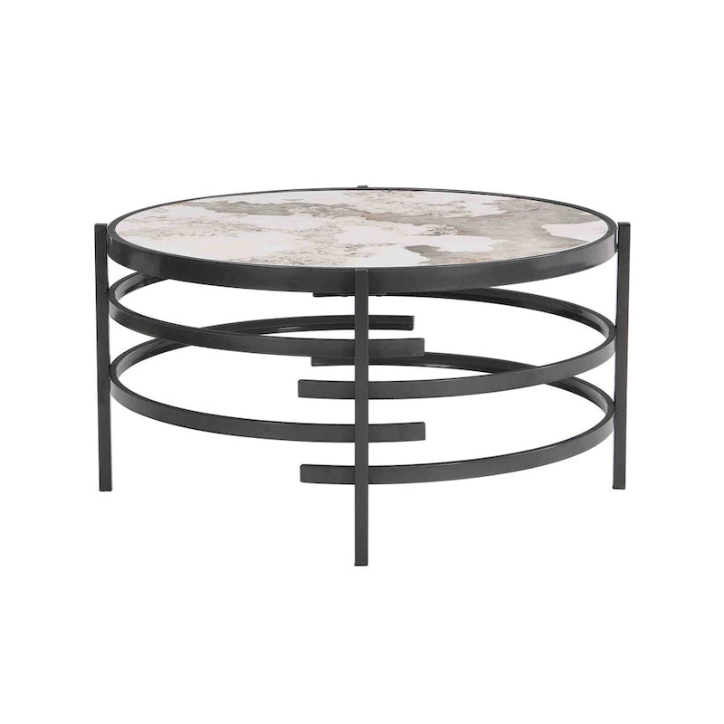 Table basse ronde de 32,48 po avec plateau en pierre frittée et cadre en métal robuste, table basse moderne pour salon