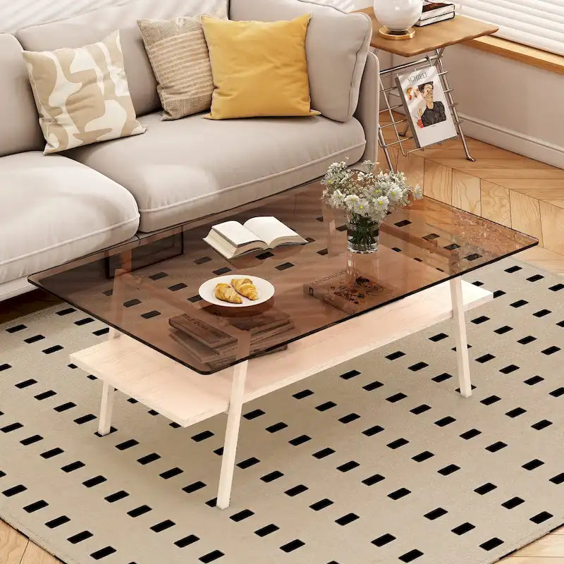 Table basse rectangulaire, dessus de table en verre trempé avec pieds en métal, table moderne pour le salon, verre