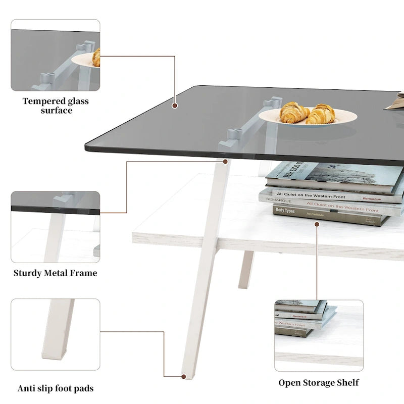Rectangle Coffee Table,Tempered Glass Tabletop with Metal Legs,Modern Table for Living Room,Glass