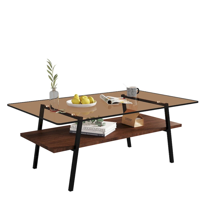 Rectangle Coffee Table,Tempered Glass Tabletop with Metal Legs,Modern Table for Living Room,Glass