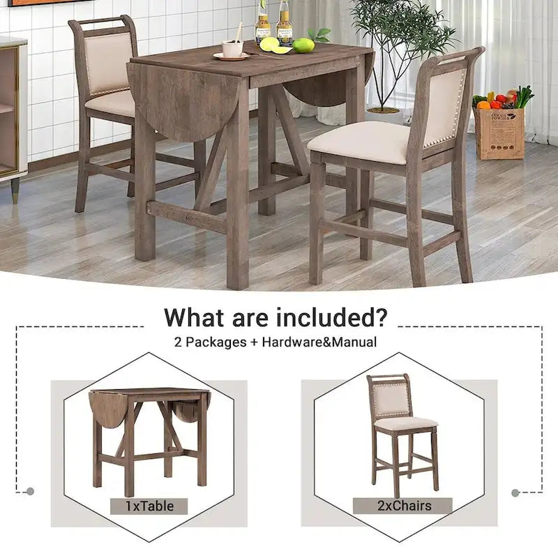 Ensemble de salle à manger 3 pièces en bois, hauteur comptoir, avec rallonge et 2 chaises de salle à manger rembourrées