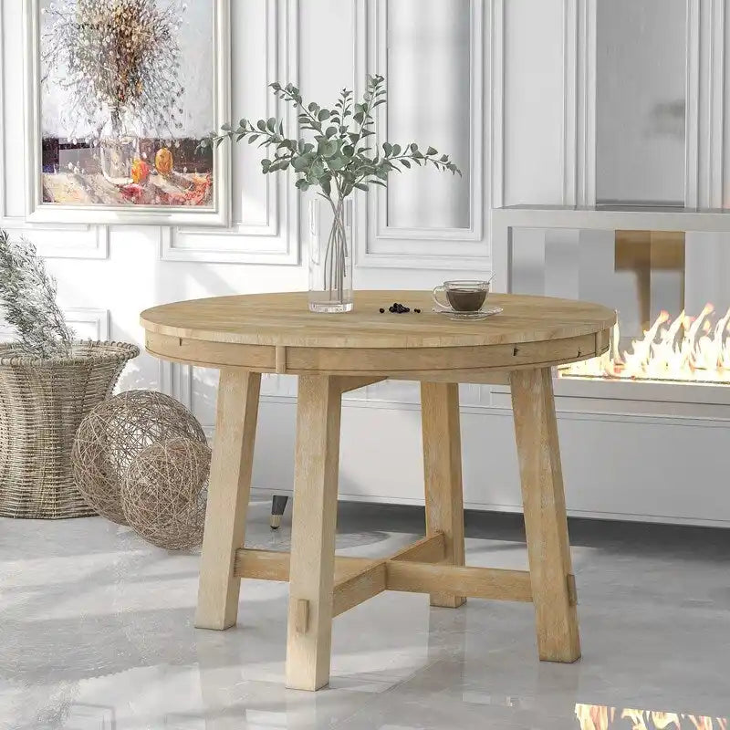 Round dining table, Farmhouse round retractable table, 16 leaf wood kitchen table