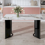 table de salle à manger rectangulaire, plateau en imitation marbre blanc, pieds de table en MDF avec bandes décoratives en métal doré