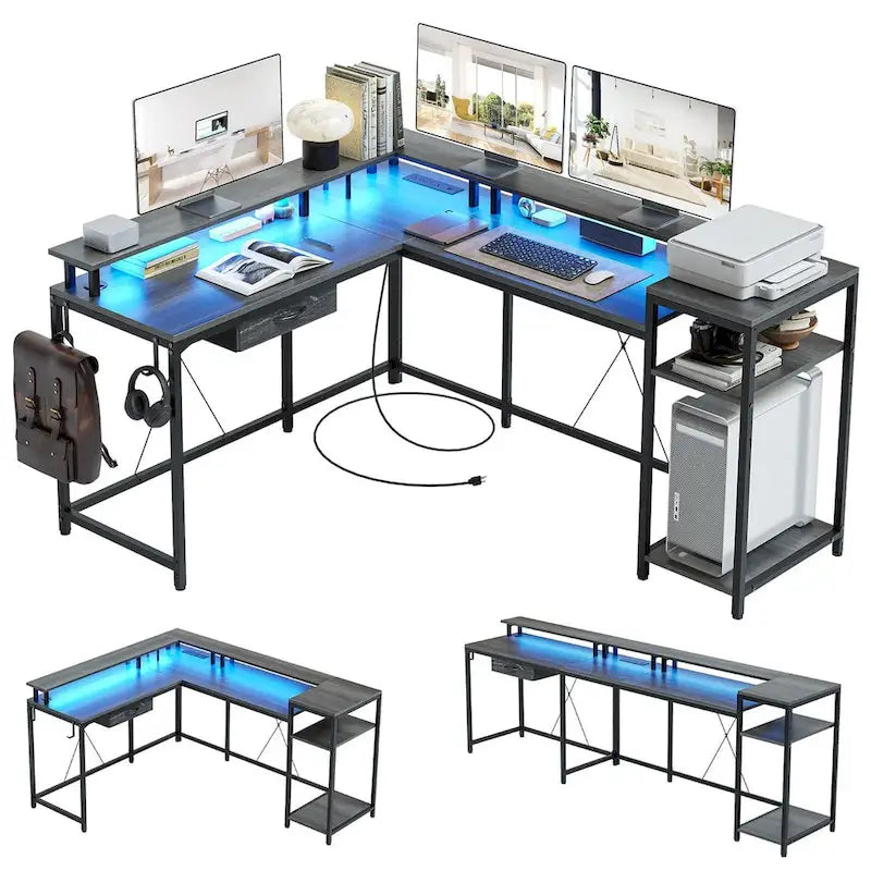 68 Home Office Desk with File Drawer & Power Outlet, LED Lights