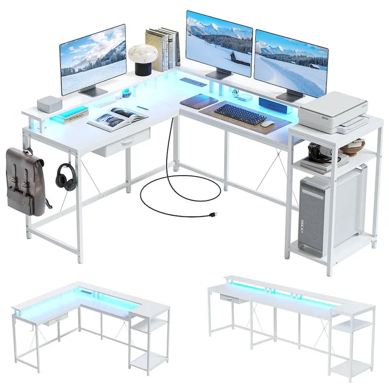 68 Home Office Desk with File Drawer & Power Outlet, LED Lights