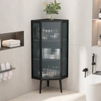 Meuble d'angle à poser, 3 niveaux avec portes en verre trempé et étagères de rangement
