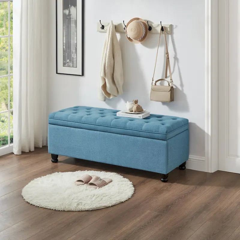 Upholstered tufted button storage bench