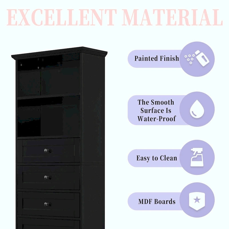 Tall Storage Cabinet with 3 Drawers and Adjustable Shelves for Bathroom