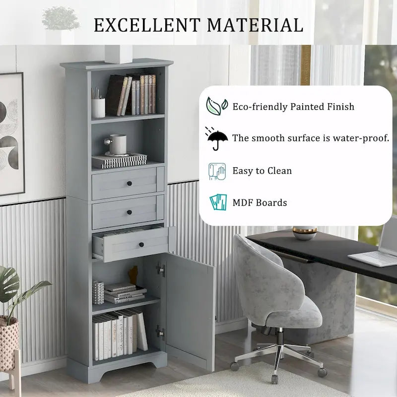 Tall Storage Cabinet with 3 Drawers and Adjustable Shelves for Bathroom