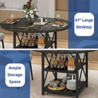 Table à manger ronde Moasis avec étagères de rangement et pieds en métal pour 4 à 6 personnes pour salle à manger ou salon