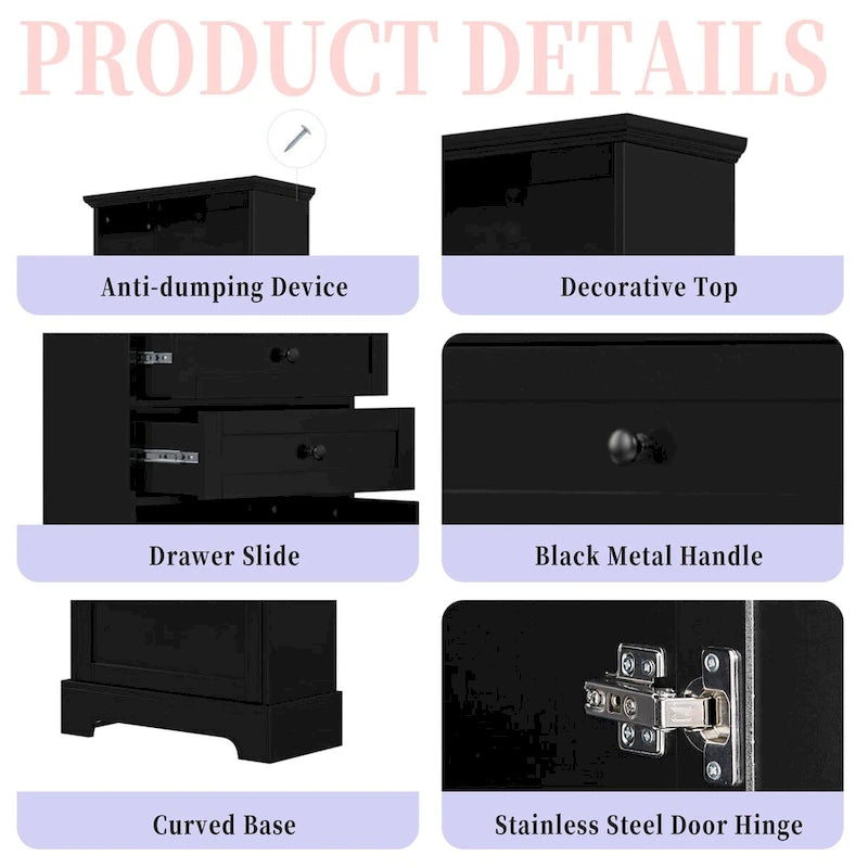 Black Tall Storage Cabinet with 3 Drawers and Adjustable Shelves for Bathroom,Study,Office and Interior