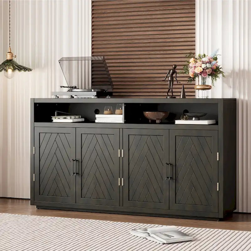 4-door Classic Sideboard with Open Storage and Adjustable Shelves
