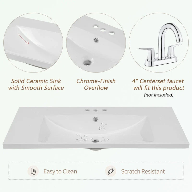 Bathroom Vanity with Ceramic Basin, Two Cabinets and Five Drawers