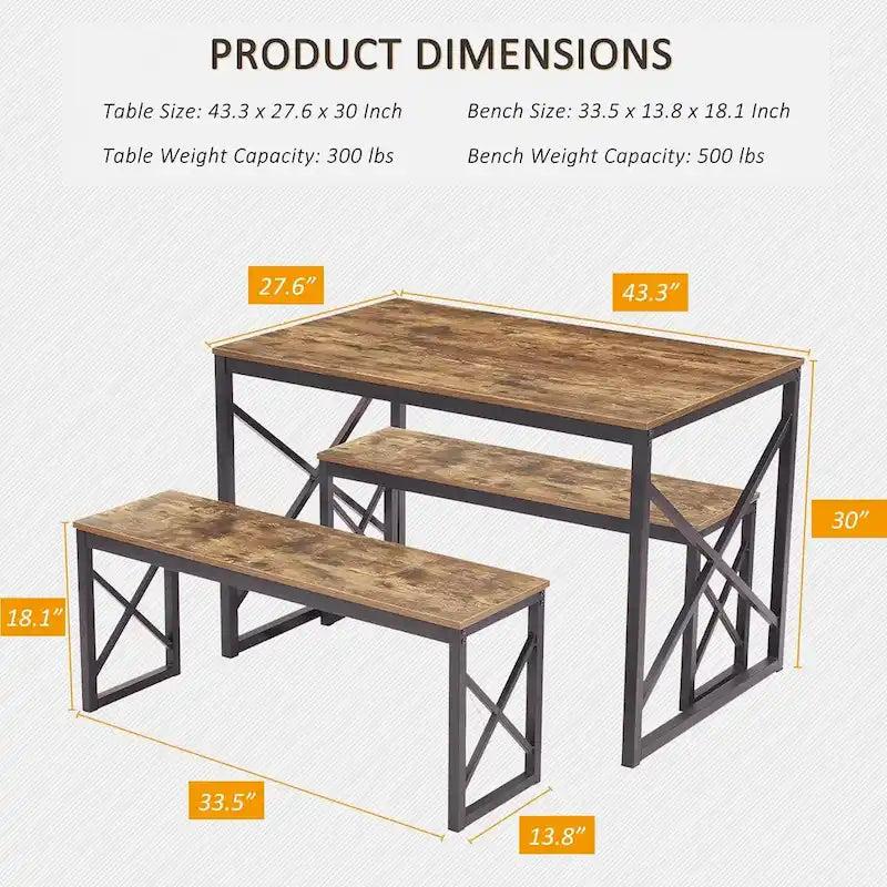 VECELO 3-pieces Dining Table with Bench, Dinning Room Table Set for 4-6, Kitchen Table with 2 Benches Dining Table Set